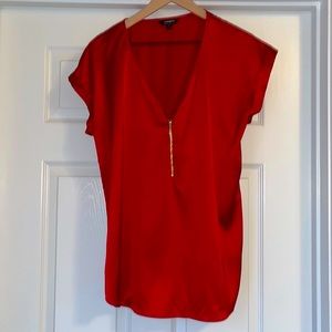 Express satin short sleeve blouse with gold zipper detail